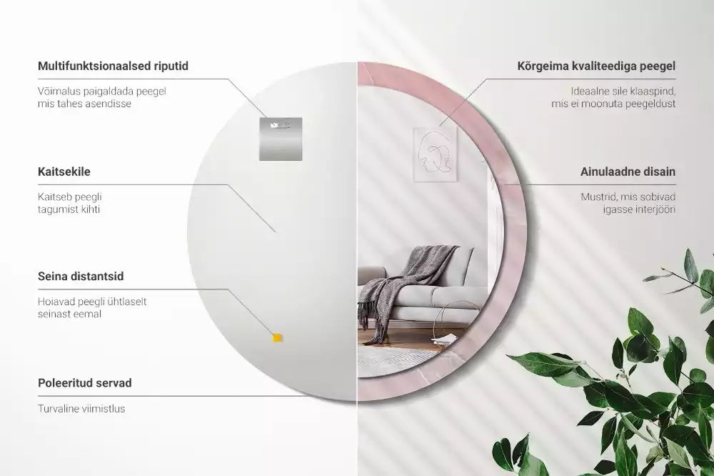 Ronde spiegel met bedrukte lijst Roze steen