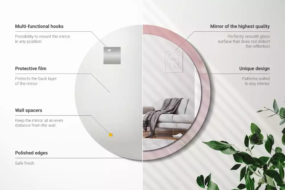 Ronde spiegel met bedrukte lijst Roze steen