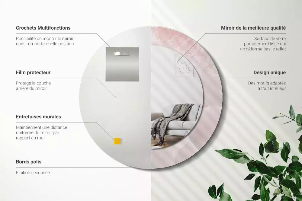 Ronde spiegel met bedrukte lijst Roze steen