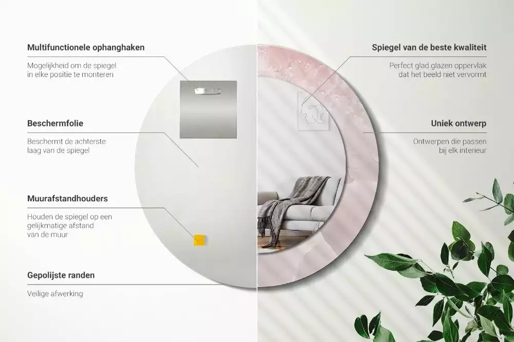 Ronde spiegel met bedrukte lijst Roze steen