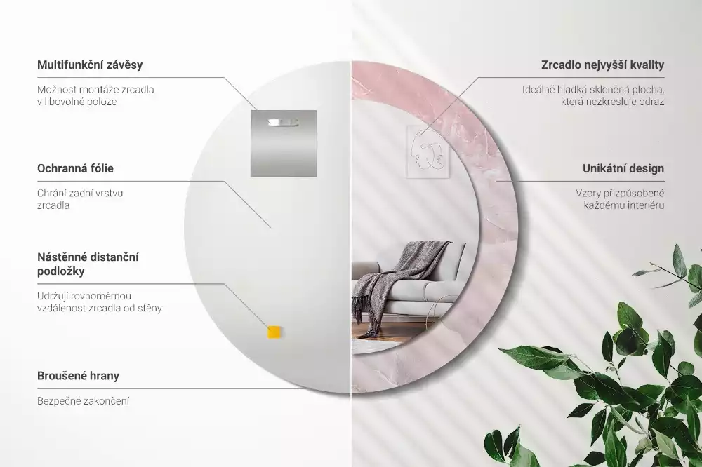 Ronde spiegel met bedrukte lijst Roze steen