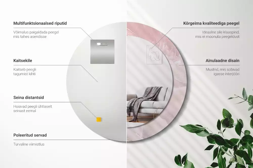 Ronde spiegel met bedrukte lijst Roze steen