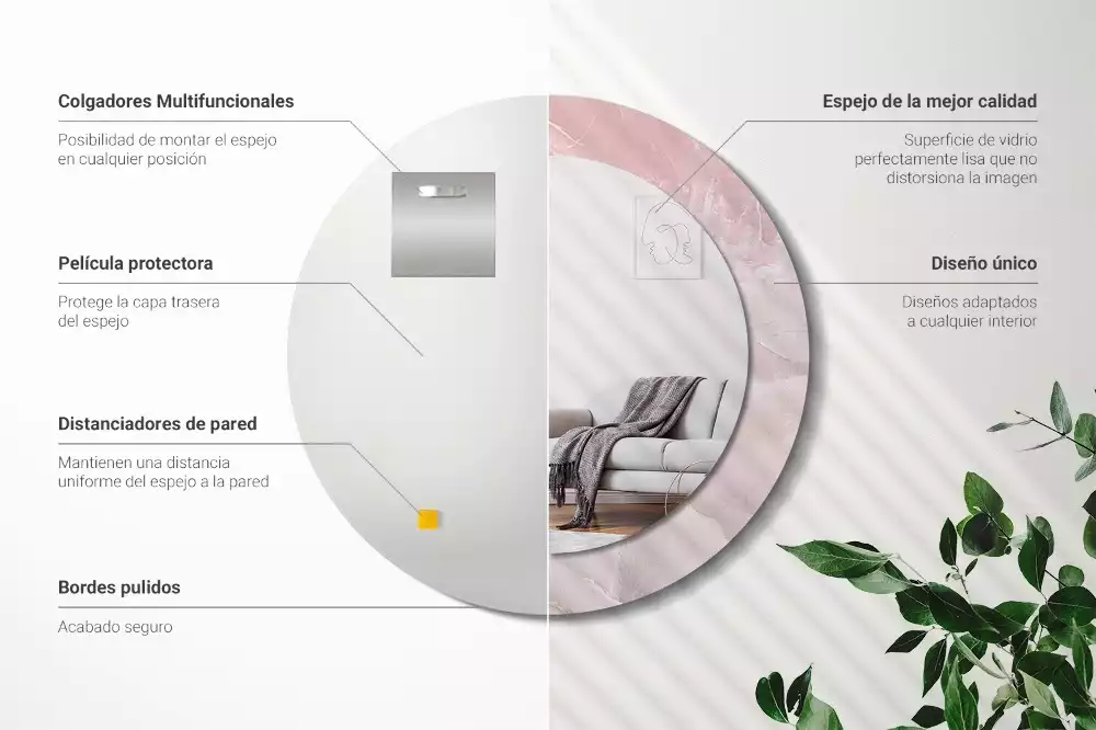 Ronde spiegel met bedrukte lijst Roze steen