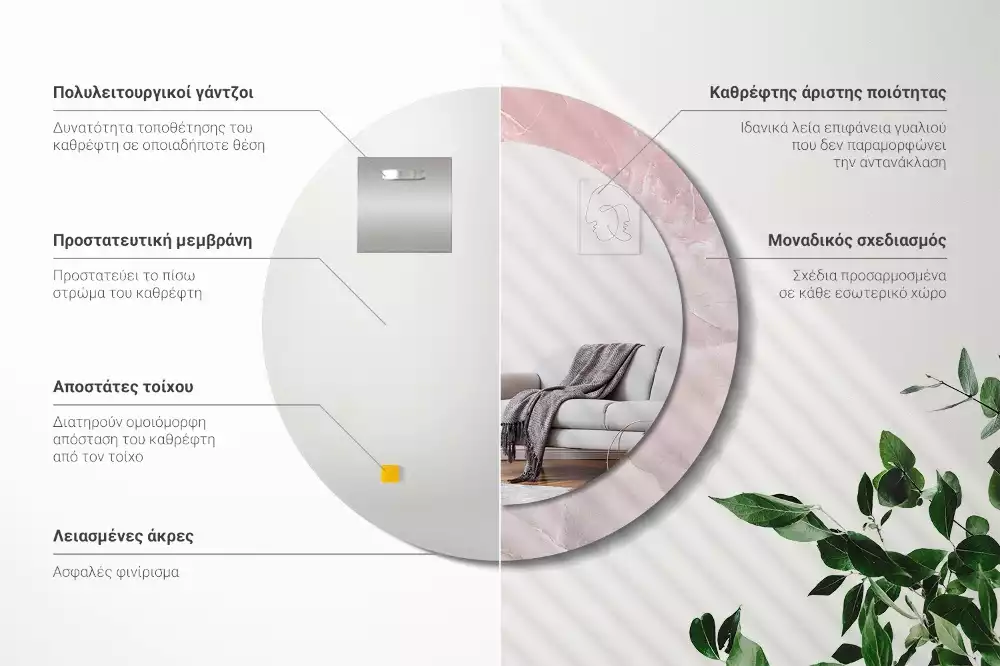 Ronde spiegel met bedrukte lijst Roze steen