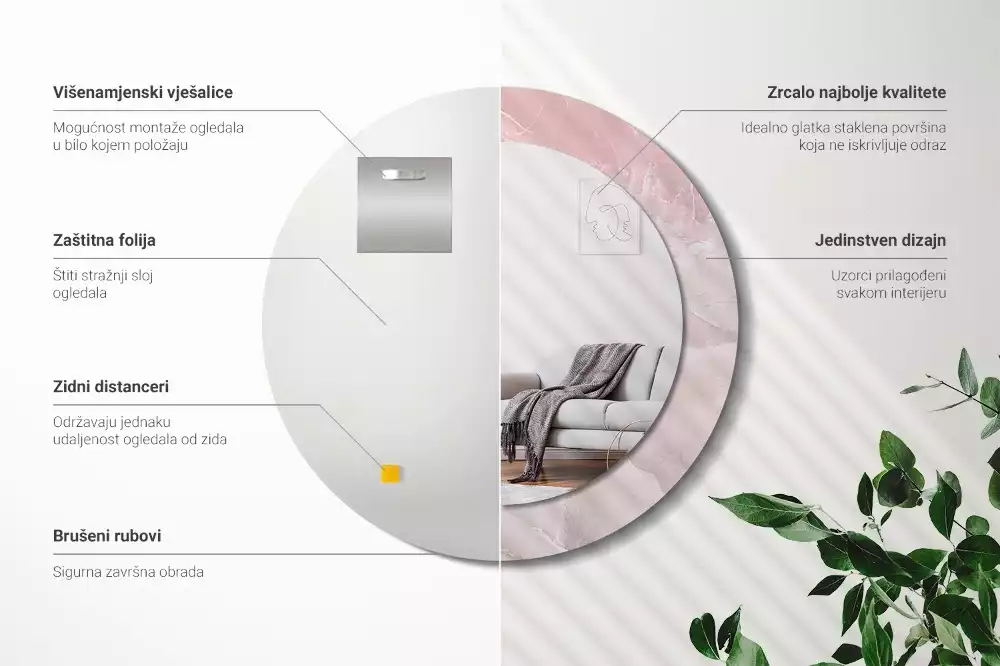 Ronde spiegel met bedrukte lijst Roze steen