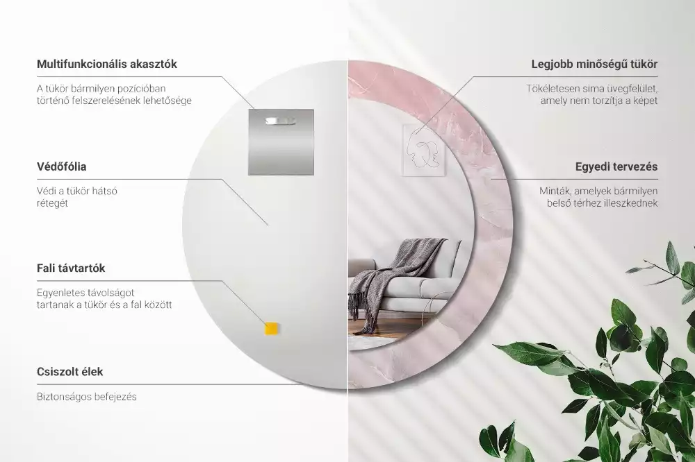 Ronde spiegel met bedrukte lijst Roze steen