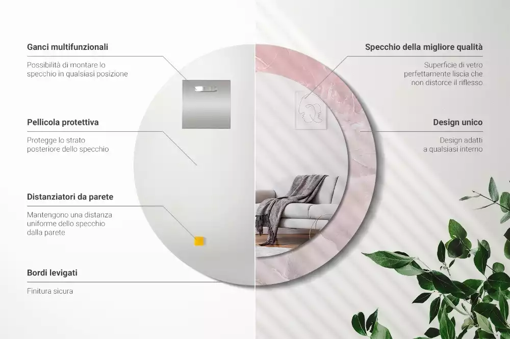 Ronde spiegel met bedrukte lijst Roze steen