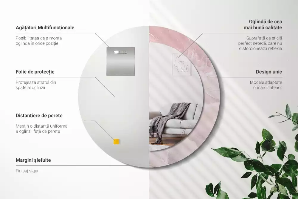 Ronde spiegel met bedrukte lijst Roze steen