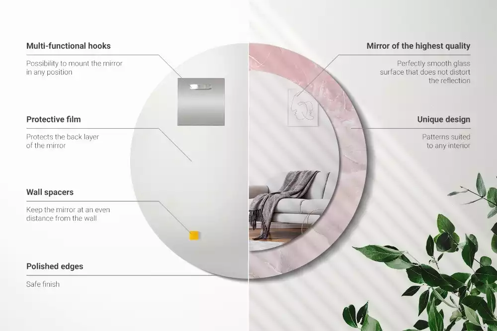 Ronde spiegel met bedrukte lijst Roze steen