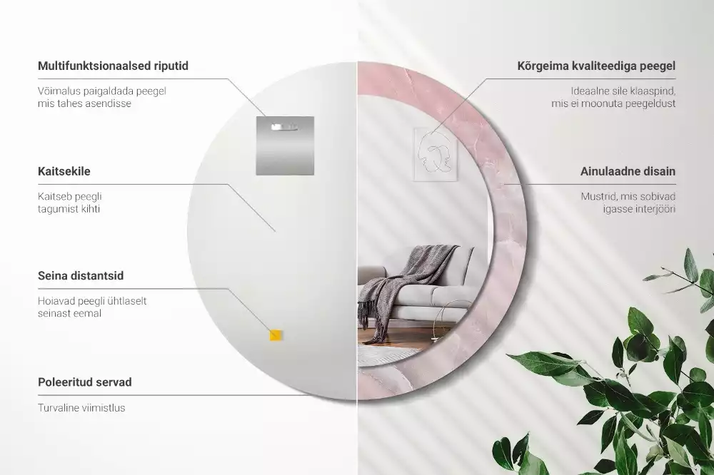 Ronde spiegel met bedrukte lijst Roze steen