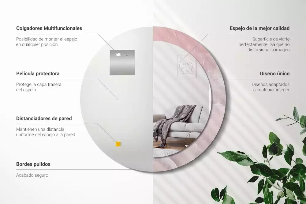 Ronde spiegel met bedrukte lijst Roze steen