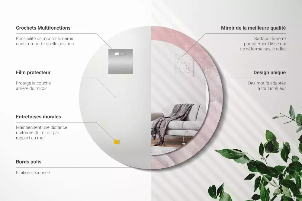 Ronde spiegel met bedrukte lijst Roze steen