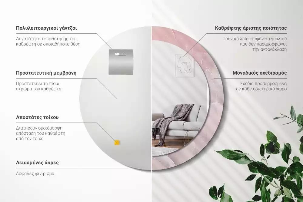 Ronde spiegel met bedrukte lijst Roze steen