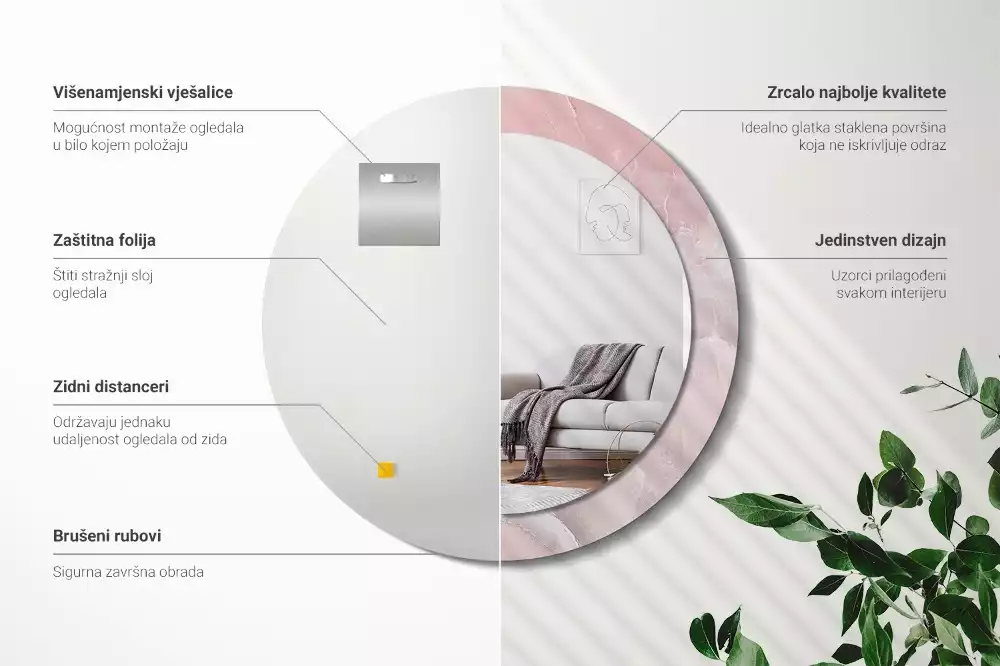 Ronde spiegel met bedrukte lijst Roze steen