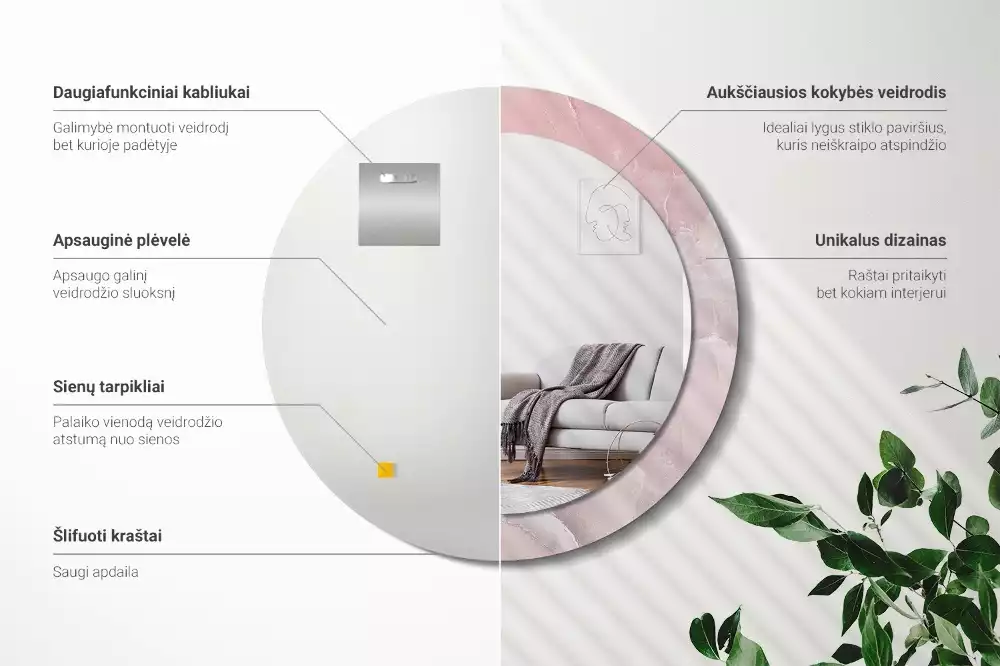 Ronde spiegel met bedrukte lijst Roze steen