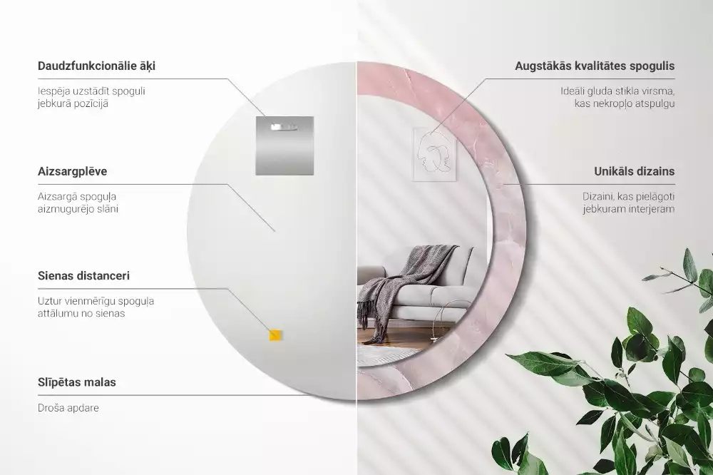 Ronde spiegel met bedrukte lijst Roze steen