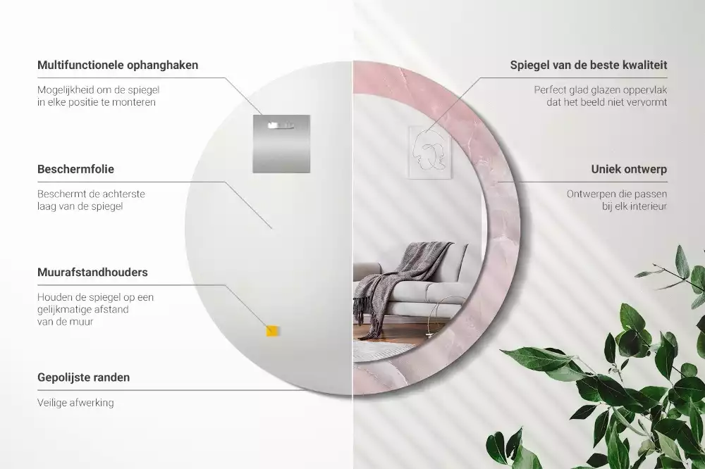 Ronde spiegel met bedrukte lijst Roze steen