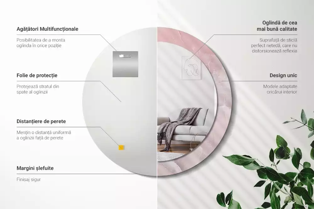 Ronde spiegel met bedrukte lijst Roze steen