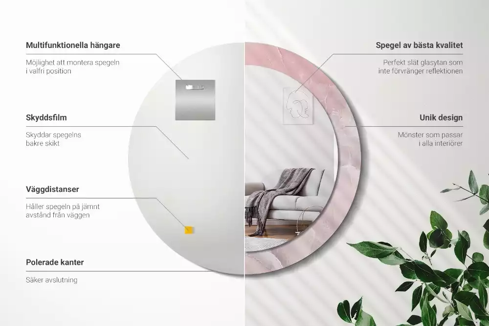 Ronde spiegel met bedrukte lijst Roze steen