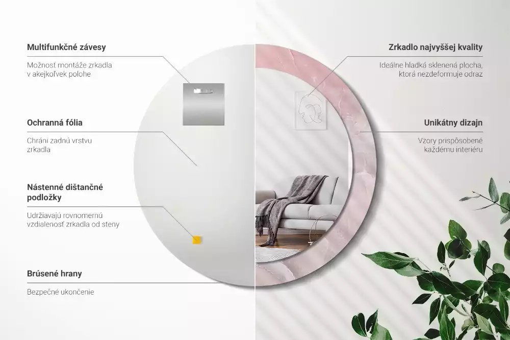 Ronde spiegel met bedrukte lijst Roze steen