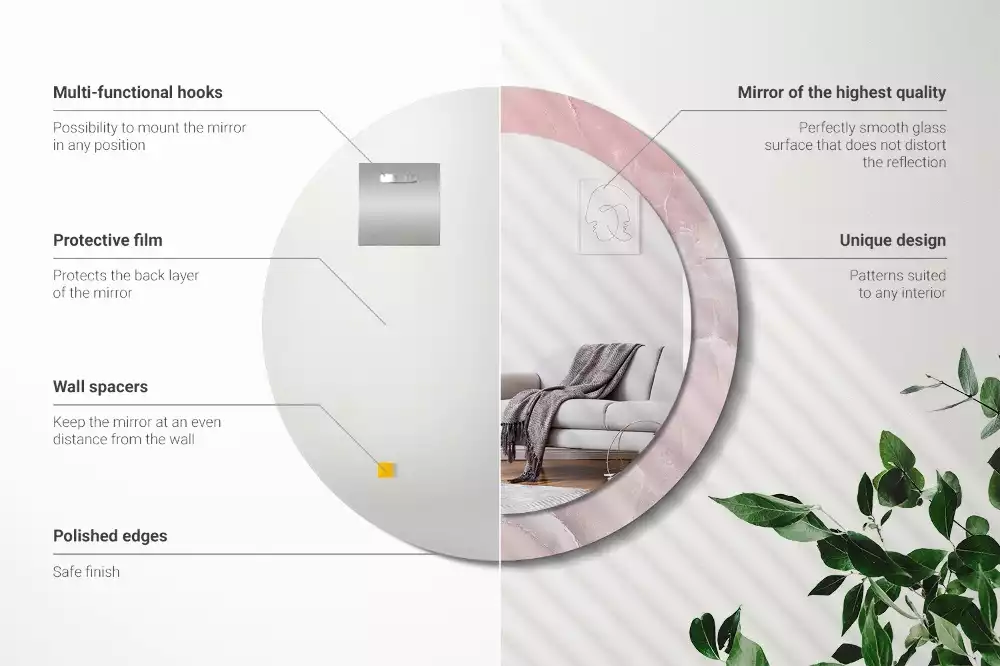 Ronde spiegel met bedrukte lijst Roze steen