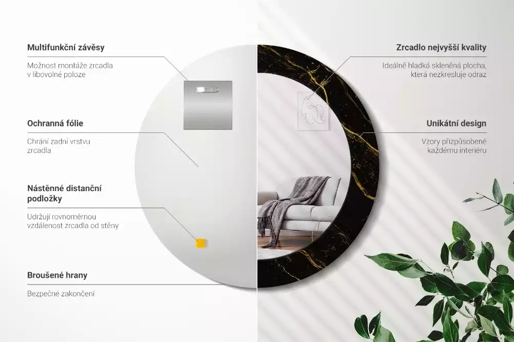 Ronde spiegel met bedrukte lijst Zwart marmer