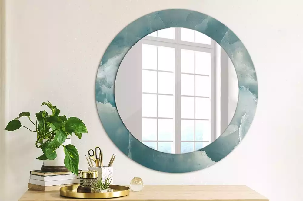 Ronde spiegel met bedrukte lijst Blauw Onyx Marmer