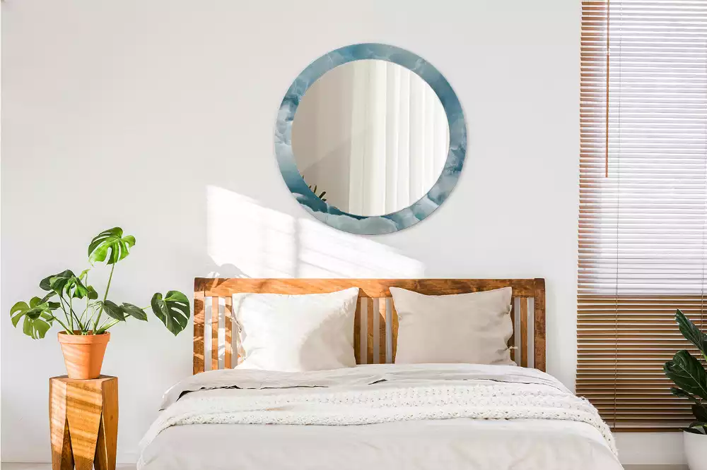 Ronde spiegel met bedrukte lijst Blauw Onyx Marmer