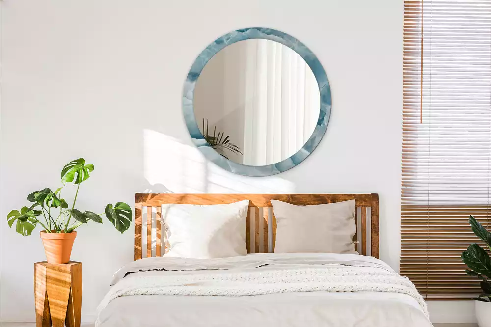 Ronde spiegel met bedrukte lijst Blauw Onyx Marmer