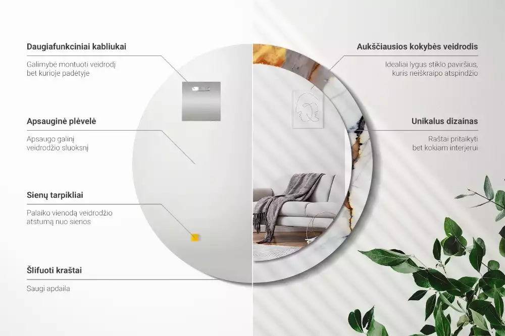 Ronde spiegel met bedrukte lijst Wit marmer