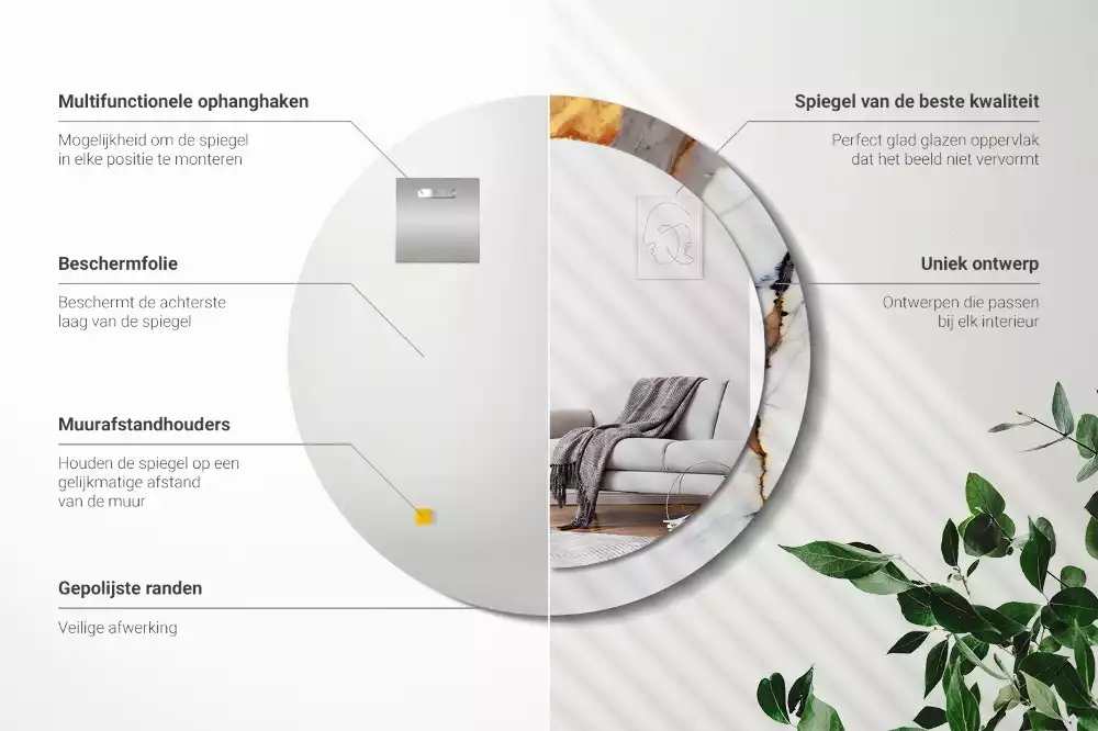 Ronde spiegel met bedrukte lijst Wit marmer