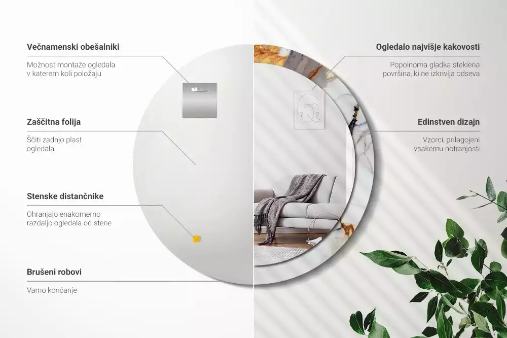 Ronde spiegel met bedrukte lijst Wit marmer