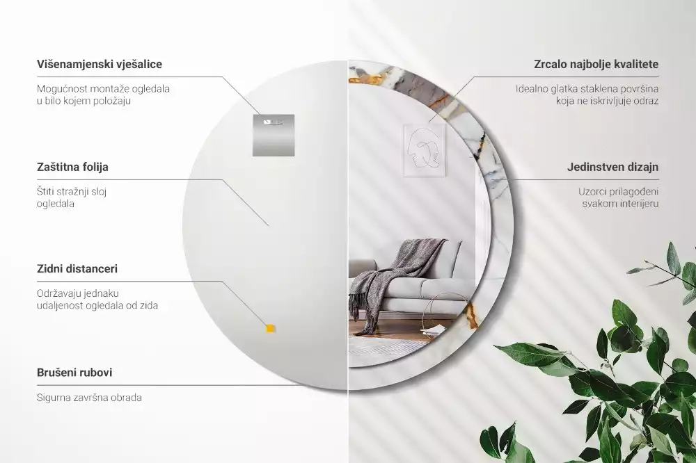 Ronde spiegel met bedrukte lijst Wit marmer