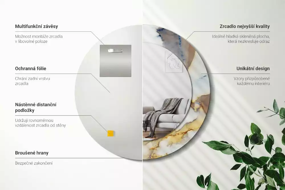 Ronde spiegel met bedrukte lijst Wit marmer