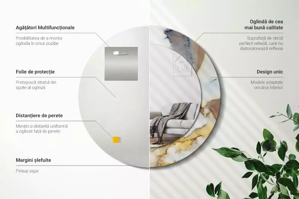 Ronde spiegel met bedrukte lijst Wit marmer