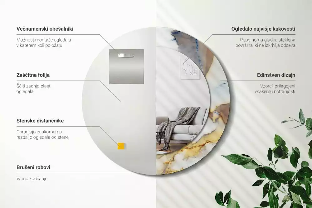 Ronde spiegel met bedrukte lijst Wit marmer