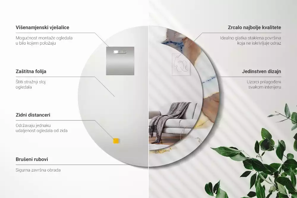 Ronde spiegel met bedrukte lijst Wit marmer