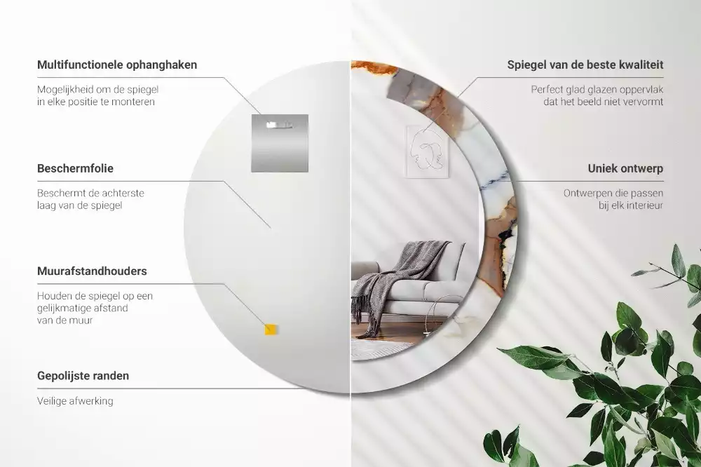 Ronde spiegel met bedrukte lijst Wit marmer