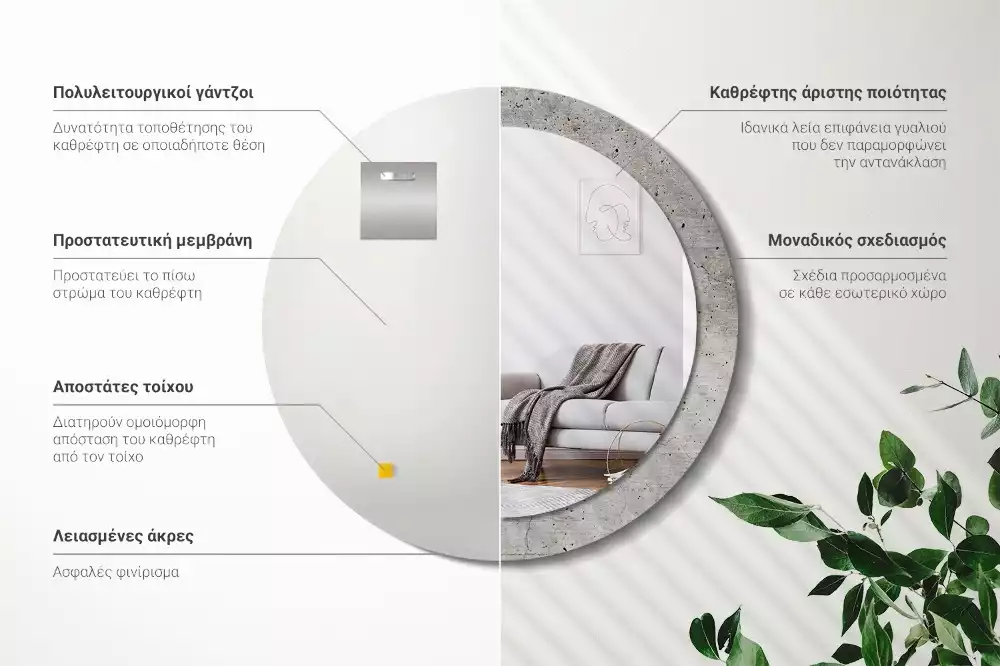 Ronde spiegel met bedrukte lijst Grijs beton