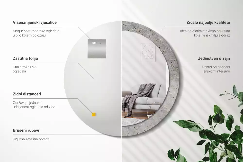 Ronde spiegel met bedrukte lijst Grijs beton