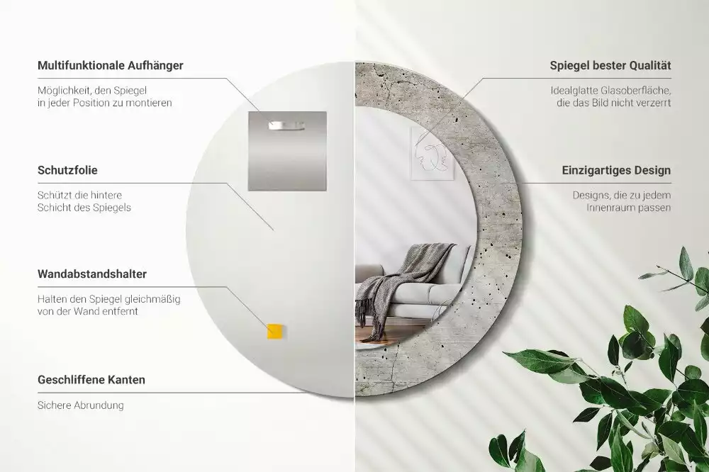 Ronde spiegel met bedrukte lijst Grijs beton