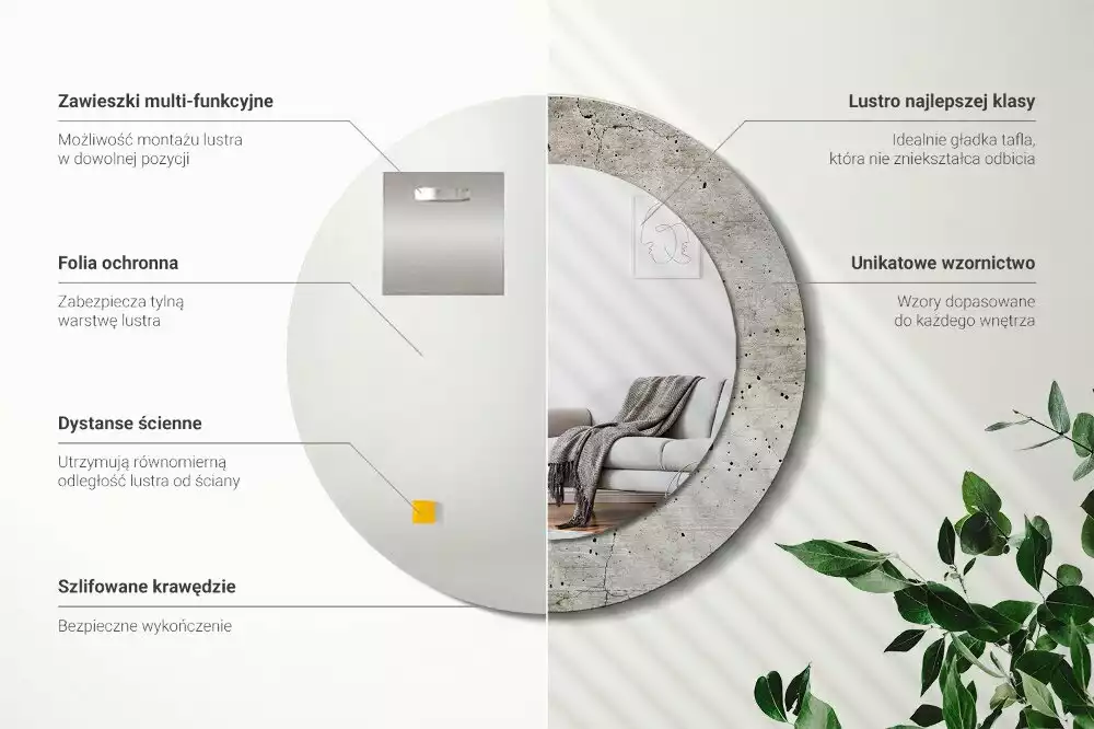 Ronde spiegel met bedrukte lijst Grijs beton