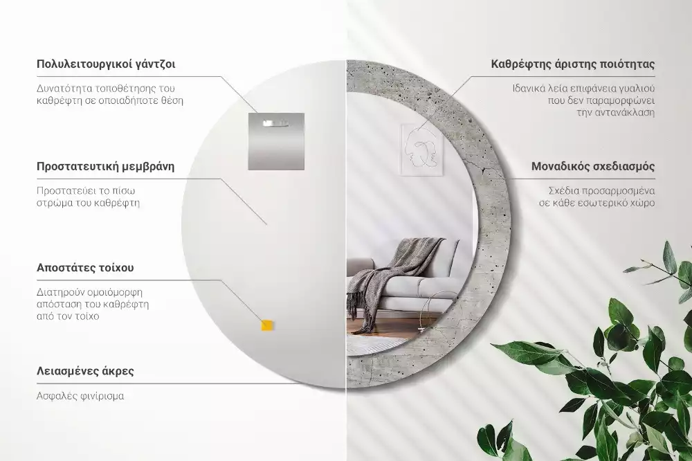 Ronde spiegel met bedrukte lijst Grijs beton