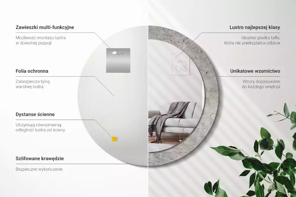 Ronde spiegel met bedrukte lijst Grijs beton