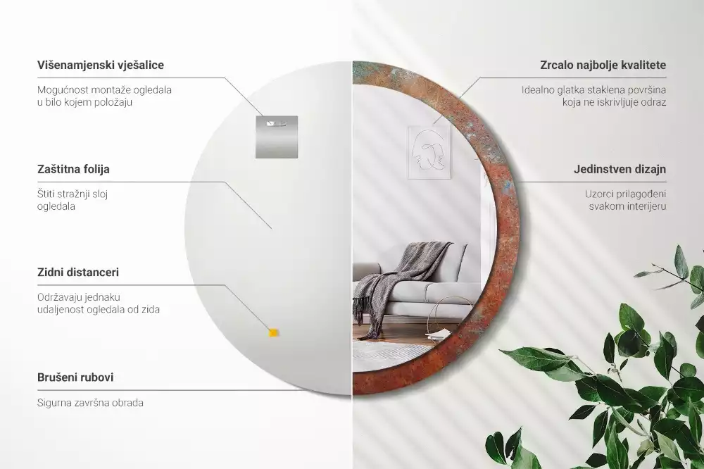 Bedrukte ronde spiegel Roestig metaal