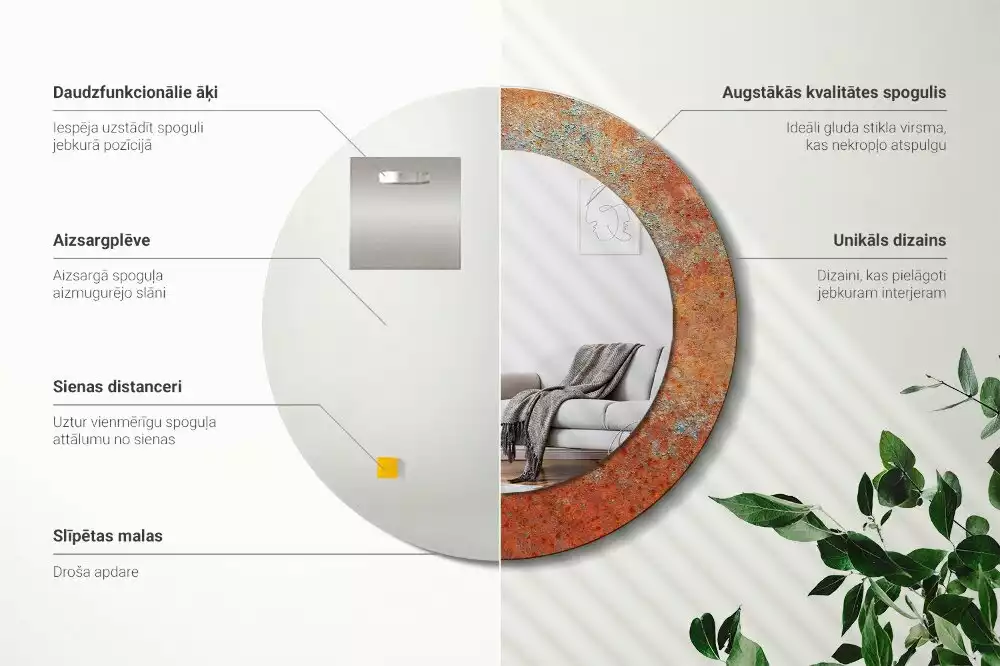 Bedrukte ronde spiegel Roestig metaal