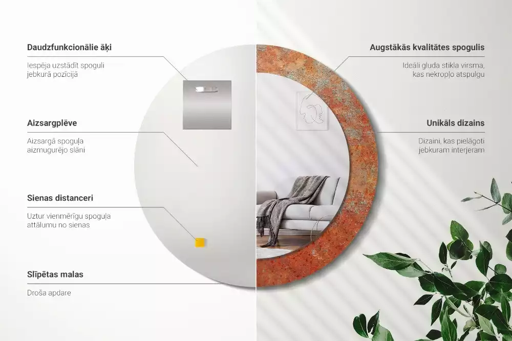 Bedrukte ronde spiegel Roestig metaal