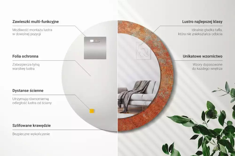 Bedrukte ronde spiegel Roestig metaal