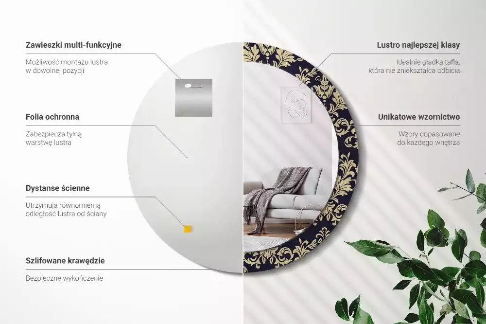 Ronde spiegel met bedrukte lijst Bloemenpatroon