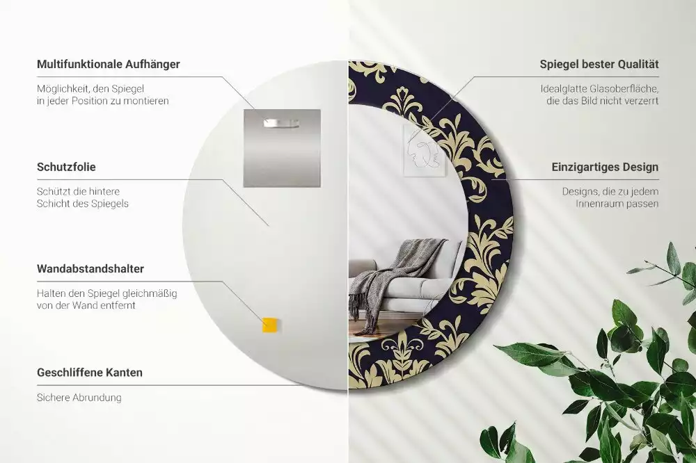 Ronde spiegel met bedrukte lijst Bloemenpatroon